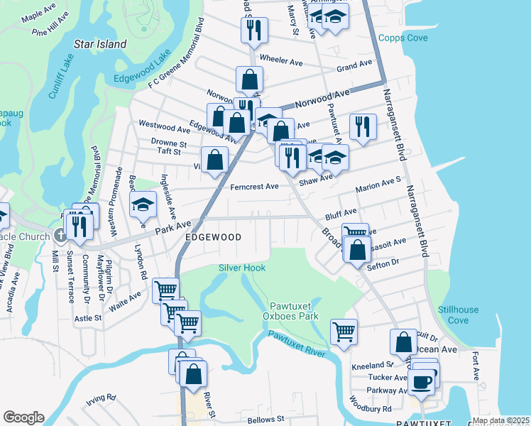 map of restaurants, bars, coffee shops, grocery stores, and more near 63 Park Avenue in Cranston