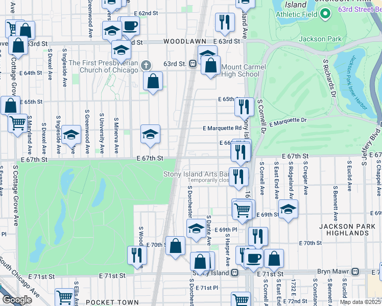 map of restaurants, bars, coffee shops, grocery stores, and more near 1412 East 67th Street in Chicago