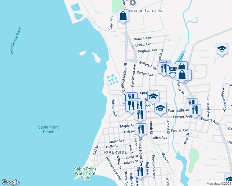 map of restaurants, bars, coffee shops, grocery stores, and more near 71 Washington Avenue in East Providence