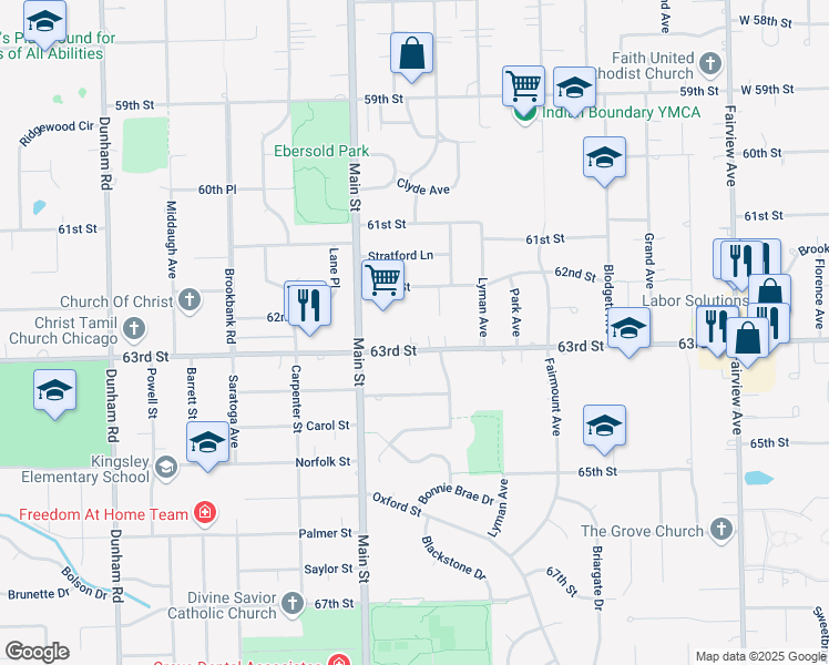map of restaurants, bars, coffee shops, grocery stores, and more near 910 63rd Street in Downers Grove