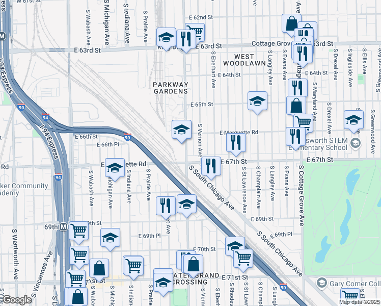 map of restaurants, bars, coffee shops, grocery stores, and more near 6637 South King Drive in Chicago