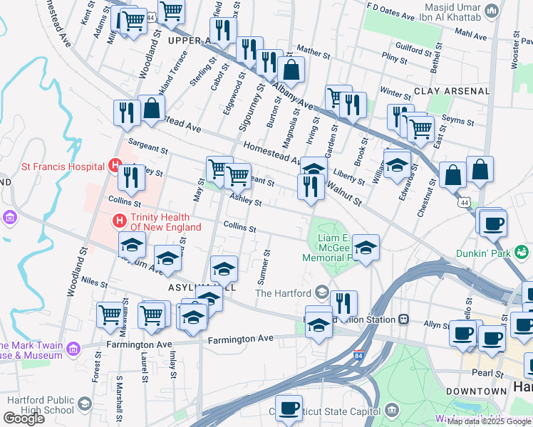 map of restaurants, bars, coffee shops, grocery stores, and more near 59 Ashley Street in Hartford