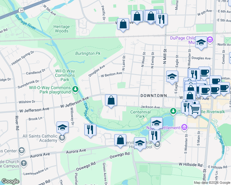 map of restaurants, bars, coffee shops, grocery stores, and more near 813 West Jefferson Avenue in Naperville