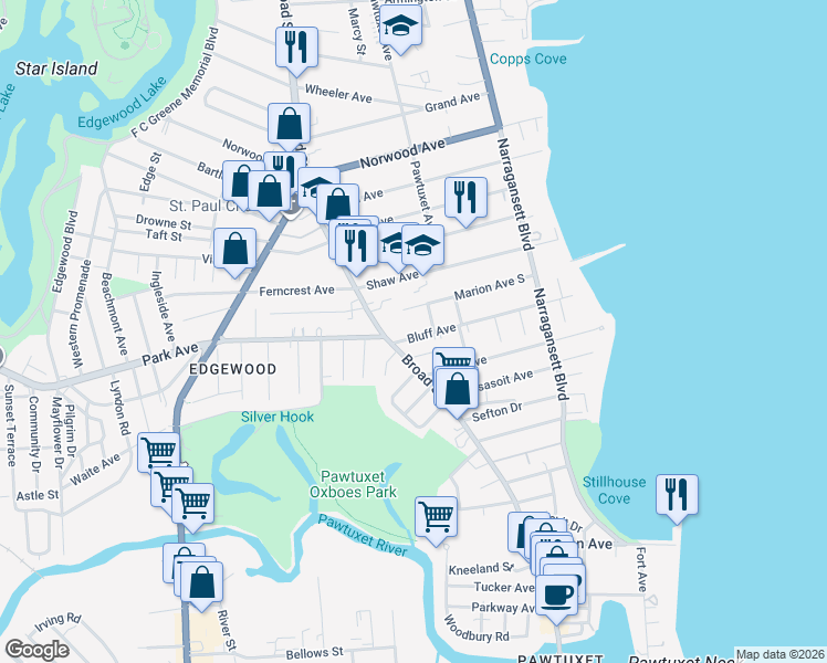 map of restaurants, bars, coffee shops, grocery stores, and more near 154 Bluff Avenue in Cranston