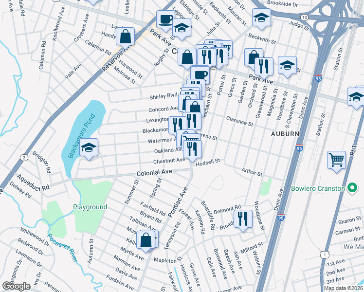 map of restaurants, bars, coffee shops, grocery stores, and more near 505 Pontiac Avenue in Cranston