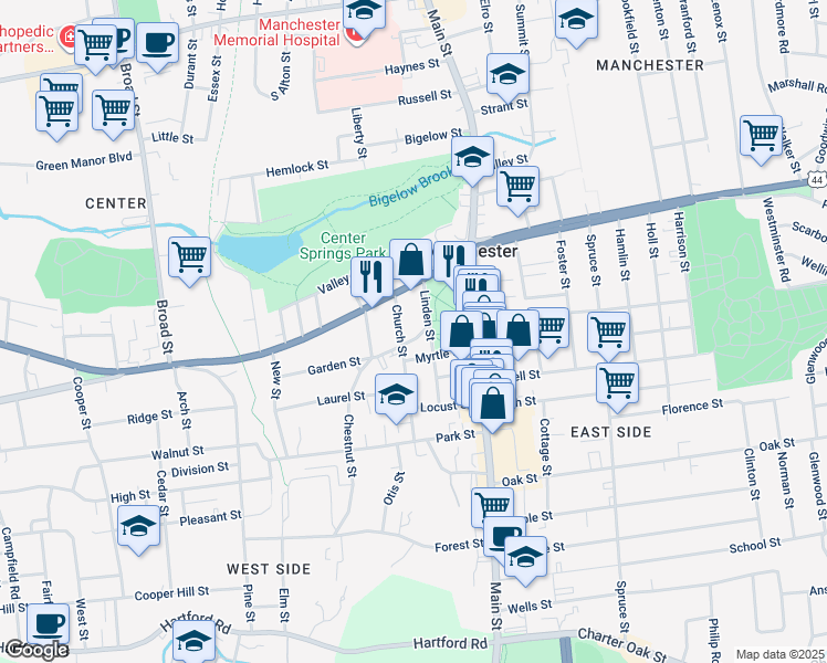 map of restaurants, bars, coffee shops, grocery stores, and more near 11 Chestnut Street in Manchester