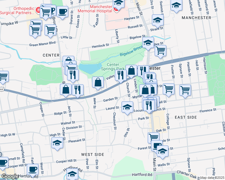 map of restaurants, bars, coffee shops, grocery stores, and more near 180 Center Street in Manchester