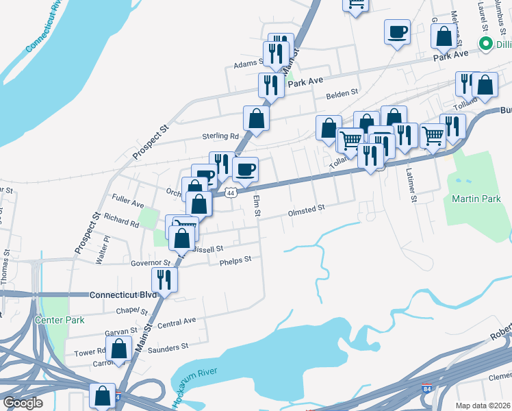 map of restaurants, bars, coffee shops, grocery stores, and more near 20 Elm Street in East Hartford