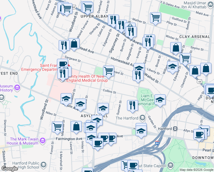 map of restaurants, bars, coffee shops, grocery stores, and more near 95 Huntington Street in Hartford