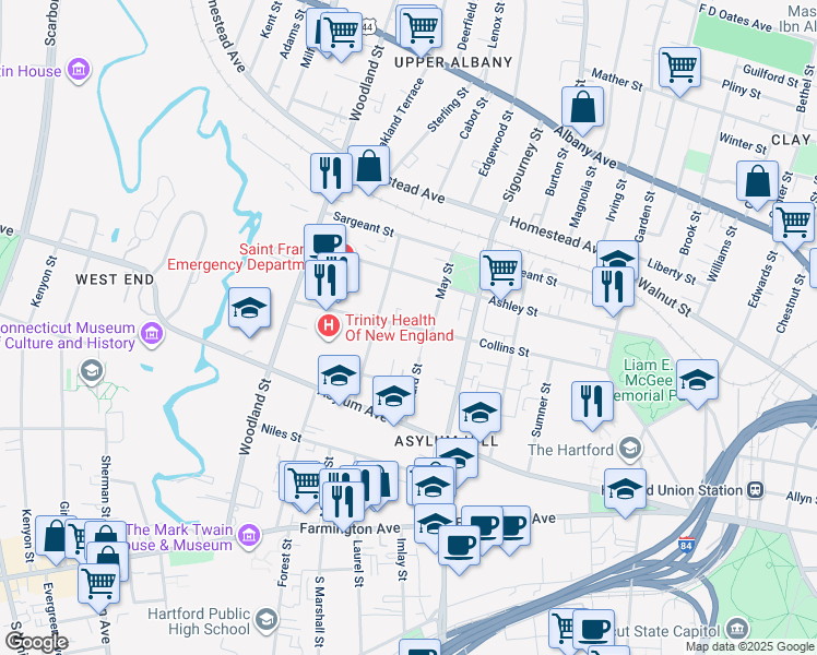 map of restaurants, bars, coffee shops, grocery stores, and more near 273 Collins Street in Hartford
