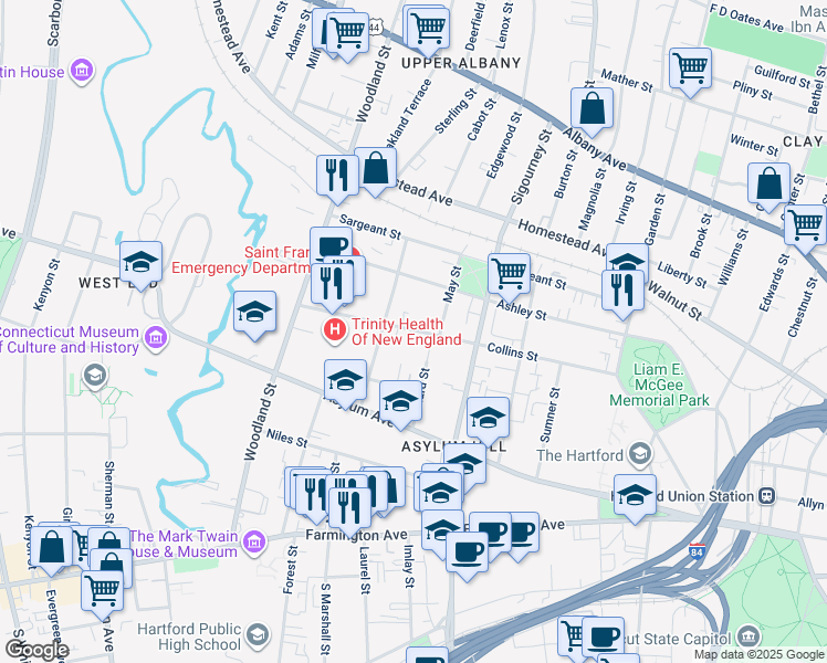 map of restaurants, bars, coffee shops, grocery stores, and more near 30 Atwood Street in Hartford