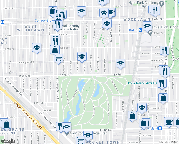 map of restaurants, bars, coffee shops, grocery stores, and more near 1026 East 67th Street in Chicago