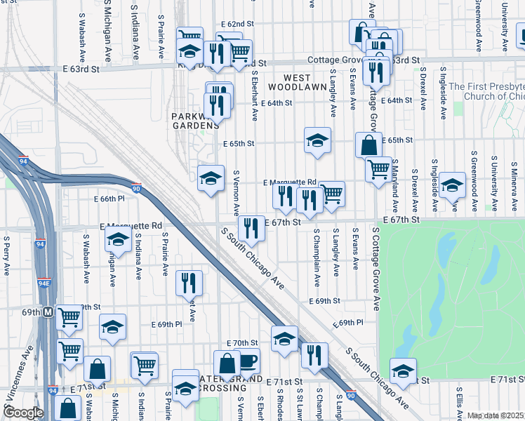 map of restaurants, bars, coffee shops, grocery stores, and more near 6644 South Rhodes Avenue in Chicago