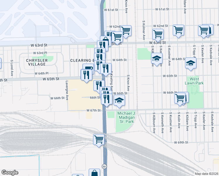 map of restaurants, bars, coffee shops, grocery stores, and more near 6542 South Keating Avenue in Chicago