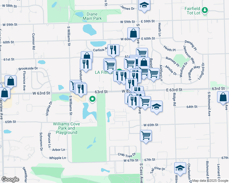 map of restaurants, bars, coffee shops, grocery stores, and more near 18 W125 South Suffield Court in Westmont