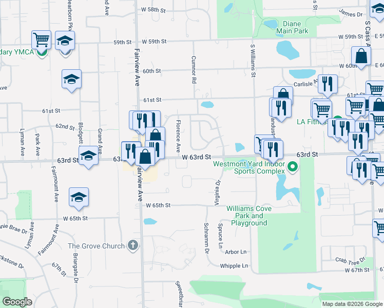 map of restaurants, bars, coffee shops, grocery stores, and more near 427 Beechwood Drive in Westmont
