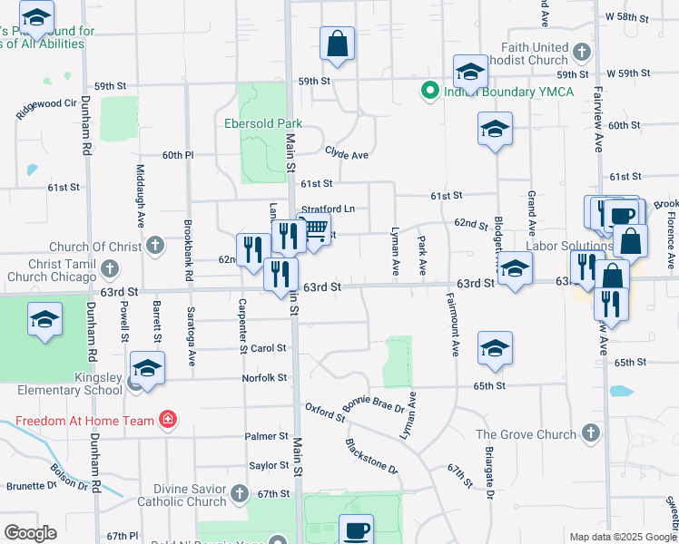map of restaurants, bars, coffee shops, grocery stores, and more near 910 63rd Street in Downers Grove