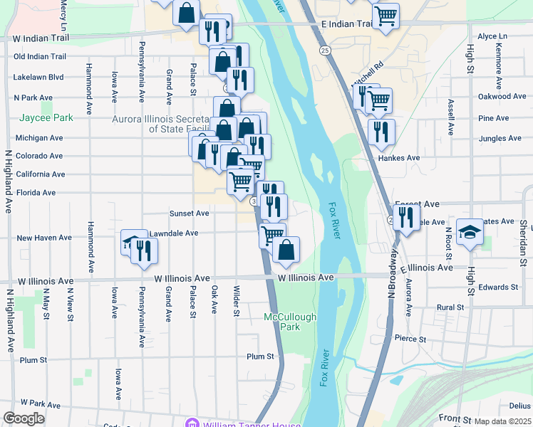 map of restaurants, bars, coffee shops, grocery stores, and more near 829 North Lake Street in Aurora