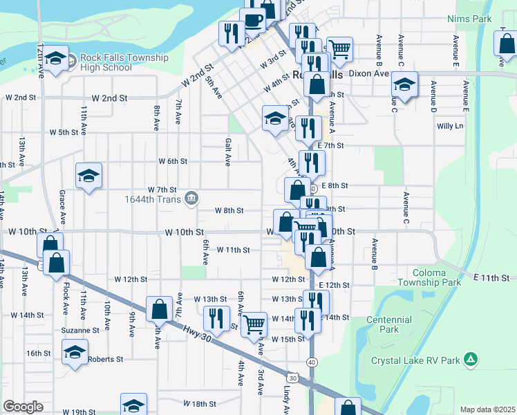 map of restaurants, bars, coffee shops, grocery stores, and more near 710 5th Avenue in Rock Falls