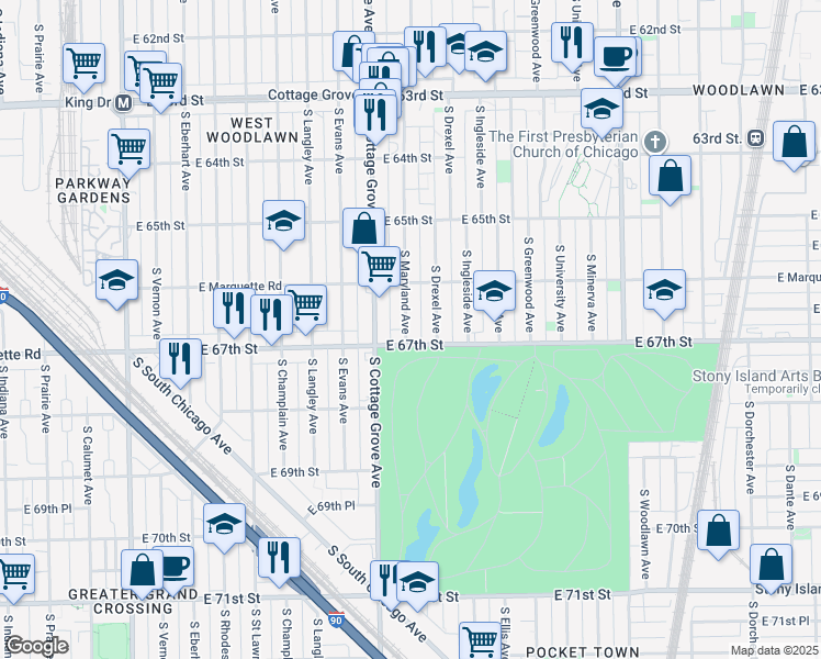 map of restaurants, bars, coffee shops, grocery stores, and more near 6647 South Maryland Avenue in Chicago