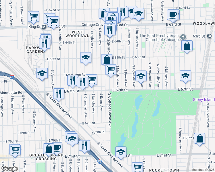 map of restaurants, bars, coffee shops, grocery stores, and more near 6646 South Cottage Grove Avenue in Chicago