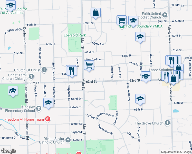 map of restaurants, bars, coffee shops, grocery stores, and more near 910 63rd Street in Downers Grove