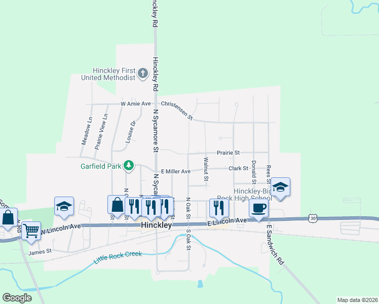 map of restaurants, bars, coffee shops, grocery stores, and more near North Oak Street in Hinckley