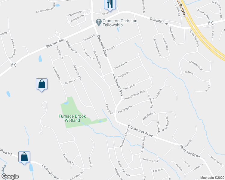 map of restaurants, bars, coffee shops, grocery stores, and more near 220 Wildflower Dr in Cranston