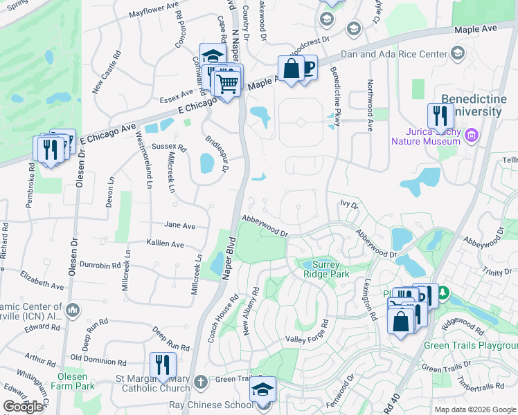 map of restaurants, bars, coffee shops, grocery stores, and more near 2836 Tory Court in Lisle