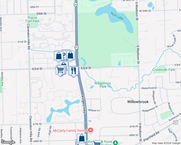 map of restaurants, bars, coffee shops, grocery stores, and more near 854 Turnberry Lane in Willowbrook