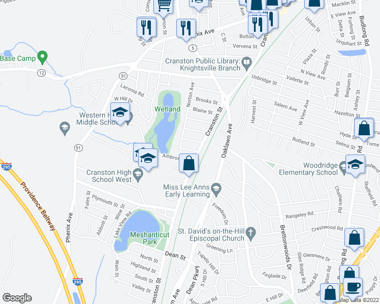 map of restaurants, bars, coffee shops, grocery stores, and more near 16 Charles Street in Cranston