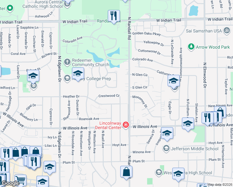 map of restaurants, bars, coffee shops, grocery stores, and more near 1445 Crestwood Court in Aurora