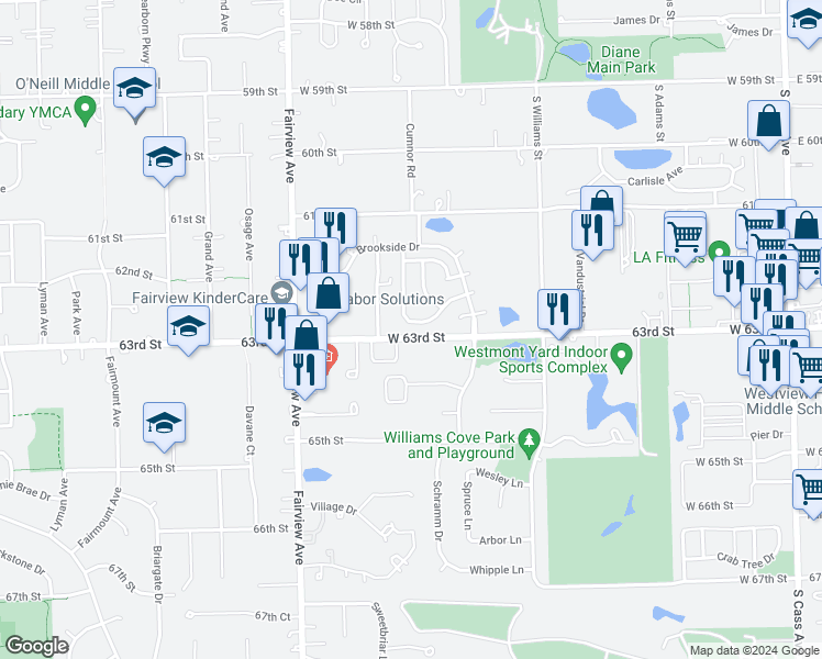 map of restaurants, bars, coffee shops, grocery stores, and more near 423 Beechwood Drive in Westmont