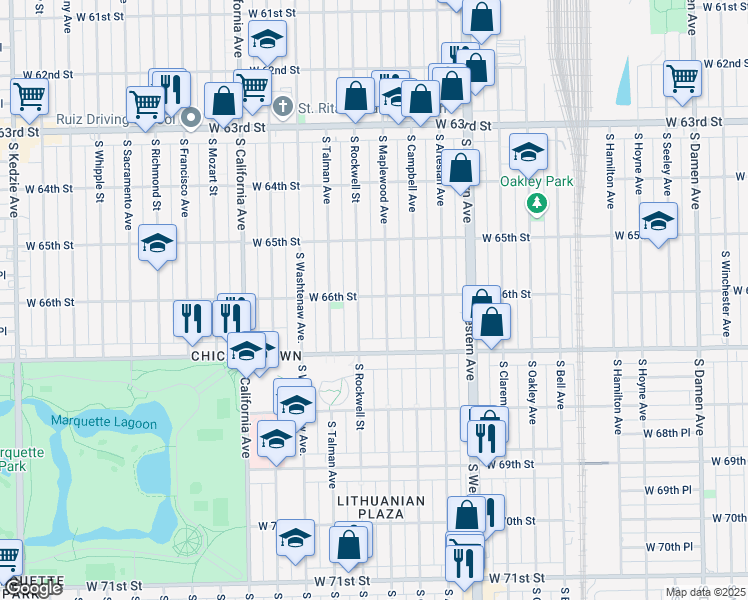 map of restaurants, bars, coffee shops, grocery stores, and more near 2545 West 66th Street in Chicago