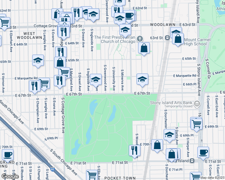map of restaurants, bars, coffee shops, grocery stores, and more near 6644 South University Avenue in Chicago