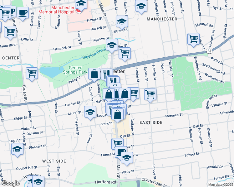 map of restaurants, bars, coffee shops, grocery stores, and more near 12 Pearl Street in Manchester