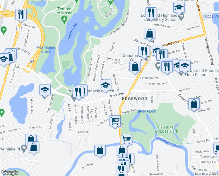 map of restaurants, bars, coffee shops, grocery stores, and more near 34 Netherlands Avenue in Cranston