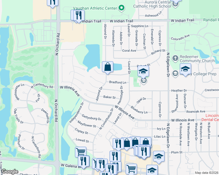 map of restaurants, bars, coffee shops, grocery stores, and more near 2181 Sandburg Drive in Aurora