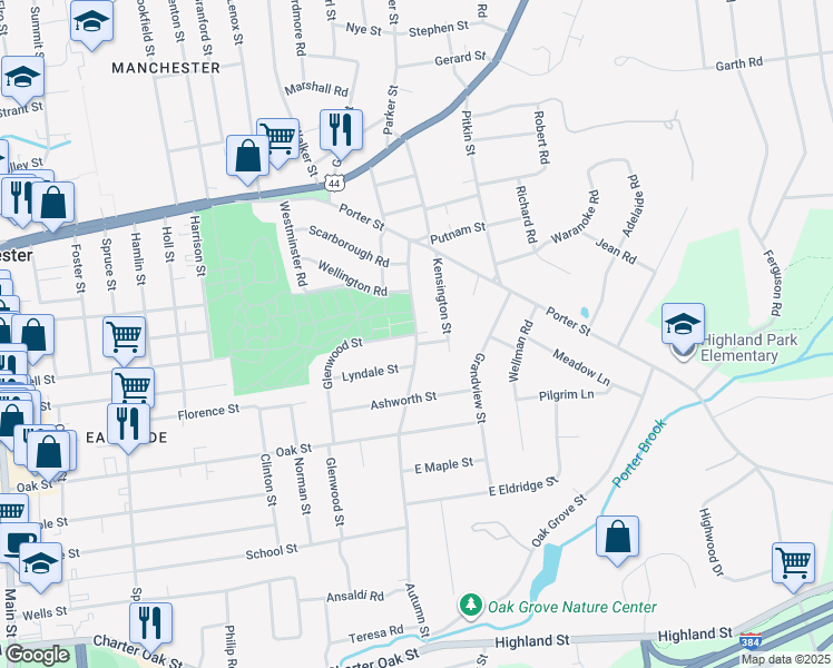 map of restaurants, bars, coffee shops, grocery stores, and more near Autumn Street & Glenwood Street in Manchester