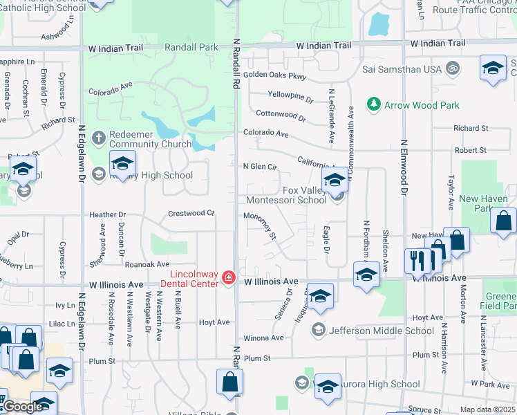 map of restaurants, bars, coffee shops, grocery stores, and more near 1377 Monomoy Street in Aurora