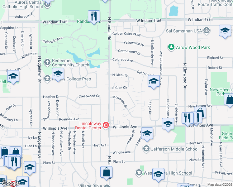 map of restaurants, bars, coffee shops, grocery stores, and more near 1381 Monomoy Street in Aurora