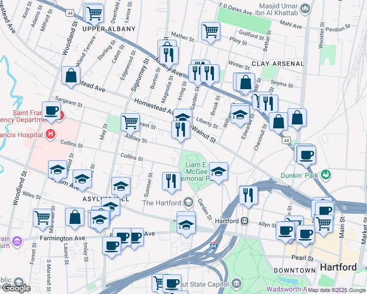 map of restaurants, bars, coffee shops, grocery stores, and more near 216 Garden Street in Hartford
