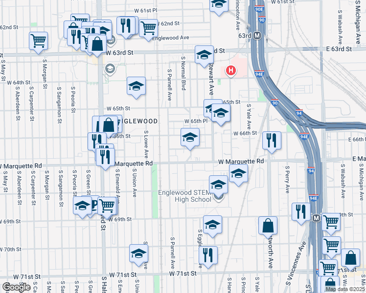 map of restaurants, bars, coffee shops, grocery stores, and more near 514 West 66th Place in Chicago
