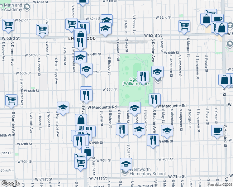 map of restaurants, bars, coffee shops, grocery stores, and more near 6610 South Loomis Boulevard in Chicago