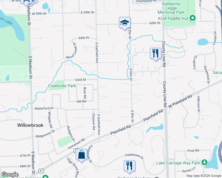 map of restaurants, bars, coffee shops, grocery stores, and more near 4 Countryside Court in Burr Ridge