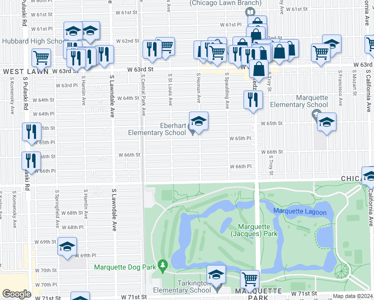 map of restaurants, bars, coffee shops, grocery stores, and more near 3426 West 66th Street in Chicago