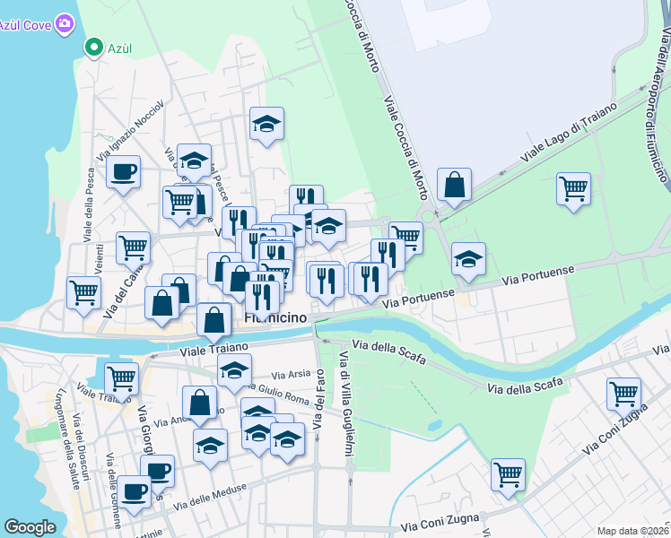 map of restaurants, bars, coffee shops, grocery stores, and more near Via Sandro Pertini in Fiumicino