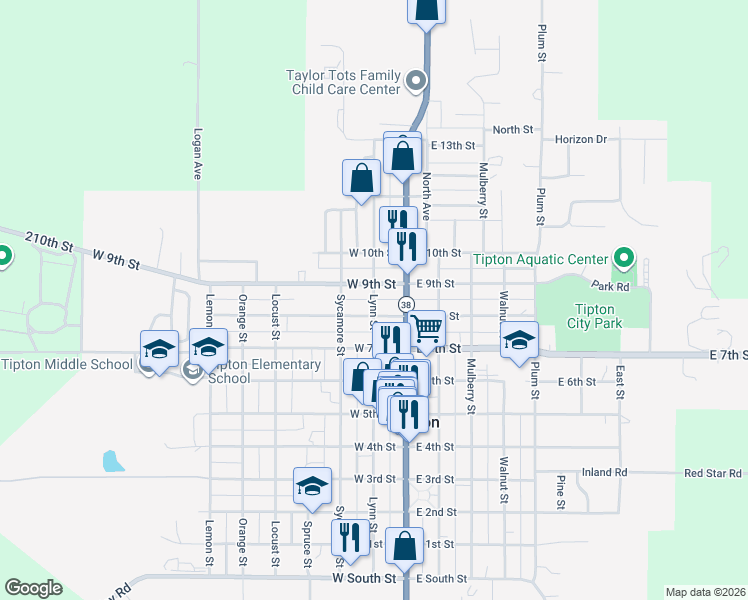 map of restaurants, bars, coffee shops, grocery stores, and more near 850 Lynn St in Tipton