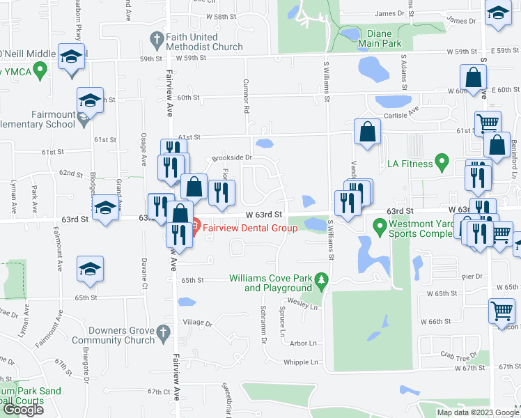 map of restaurants, bars, coffee shops, grocery stores, and more near 415 Beechwood Drive in Westmont