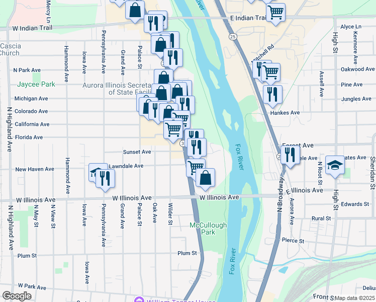map of restaurants, bars, coffee shops, grocery stores, and more near 829 North Lake Street in Aurora